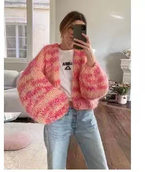 Striped long-sleeved rainbow plaid heavy handmade versatile cardigan sweater-chiquechics