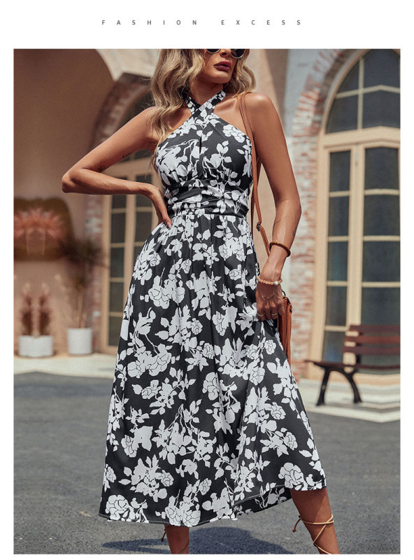 Halter Dress Fashion Cross Print Sling Dress-chiquechics