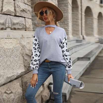 European and American Contrast Knit Sweater Grey Long Sleeve Hollow Sweater-chiquechics