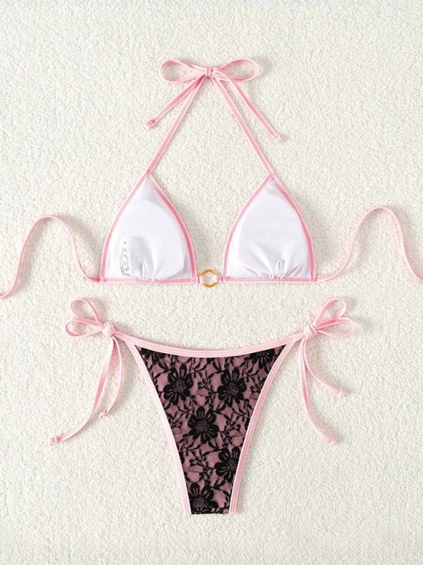 Black lace and pink backless bikini swimwear-chiquechics