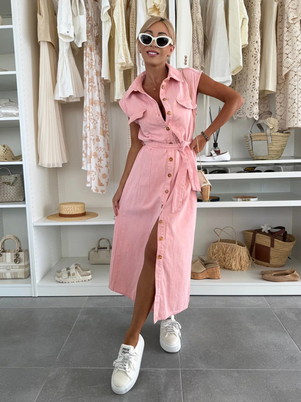 Fashion casual single breasted sleeveless denim dress-chiquechics