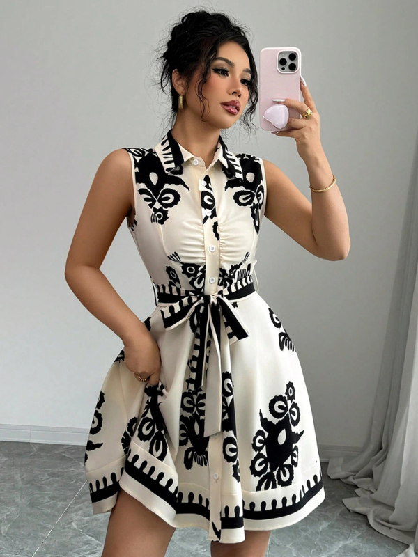 Women's Fashion Printed Waist Tie Sleeveless Dress-chiquechics