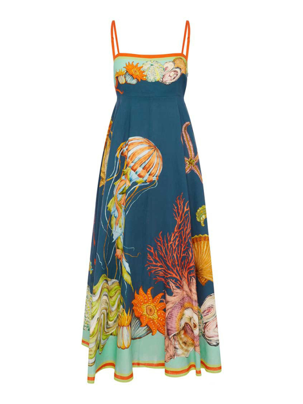 New holiday swing graffiti cotton and linen sleeveless suspender dress-chiquechics