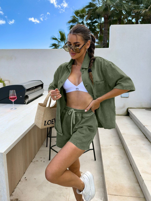 Casual loose short-sleeved shirt and denim shorts set-chiquechics