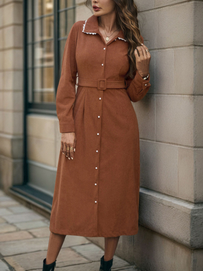 Lapel stitching lace long-sleeved shirt corduroy dress-chiquechics