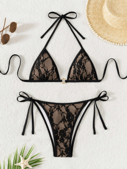 Black lace and nude backless bikini swimwear-chiquechics
