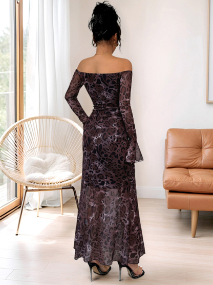 New Party Elegant Retro Style Off-shoulder Long Sleeve Mesh Leopard Print Dress-chiquechics