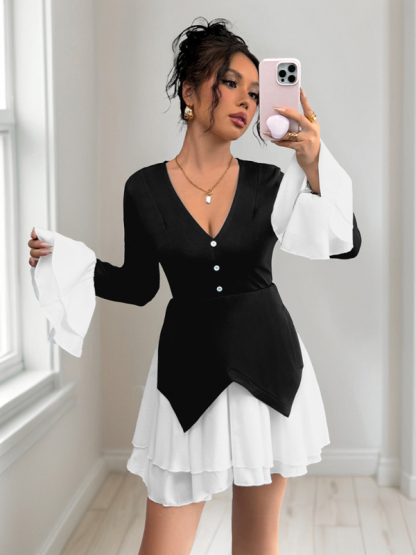 Long-sleeved contrast skirt with ruffled autumn dress-chiquechics