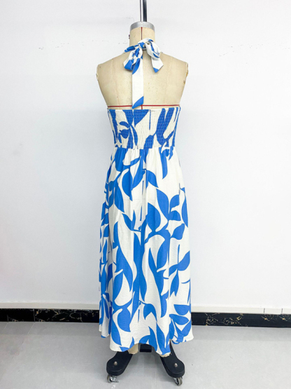 Floral print skirt seaside holiday style halter neck backless dress-chiquechics