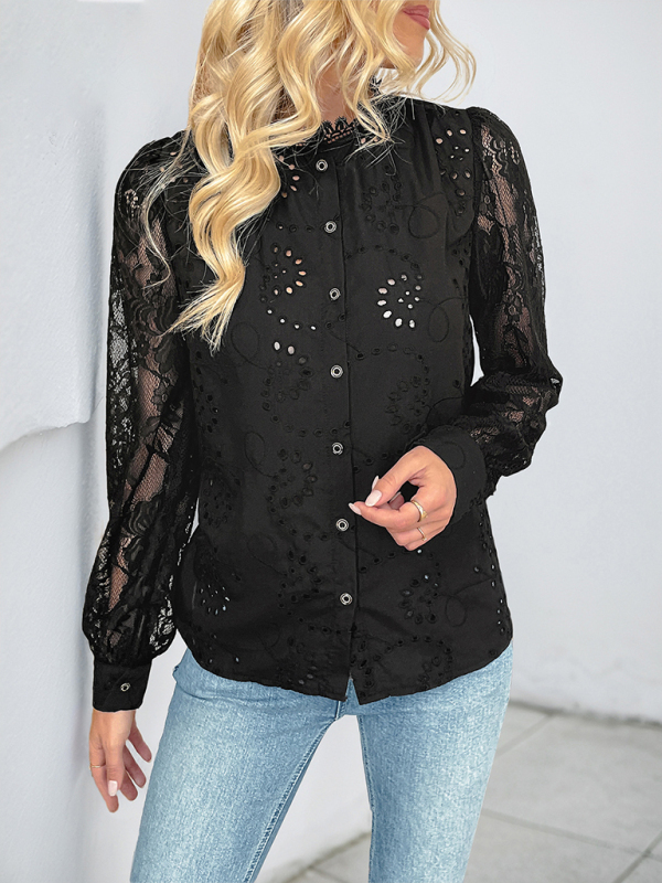 New solid color lace patchwork shirt top-chiquechics