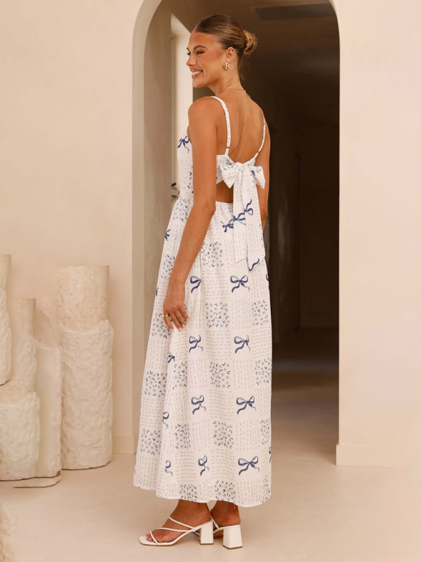 New V-neck waist holiday backless bow print dress-chiquechics