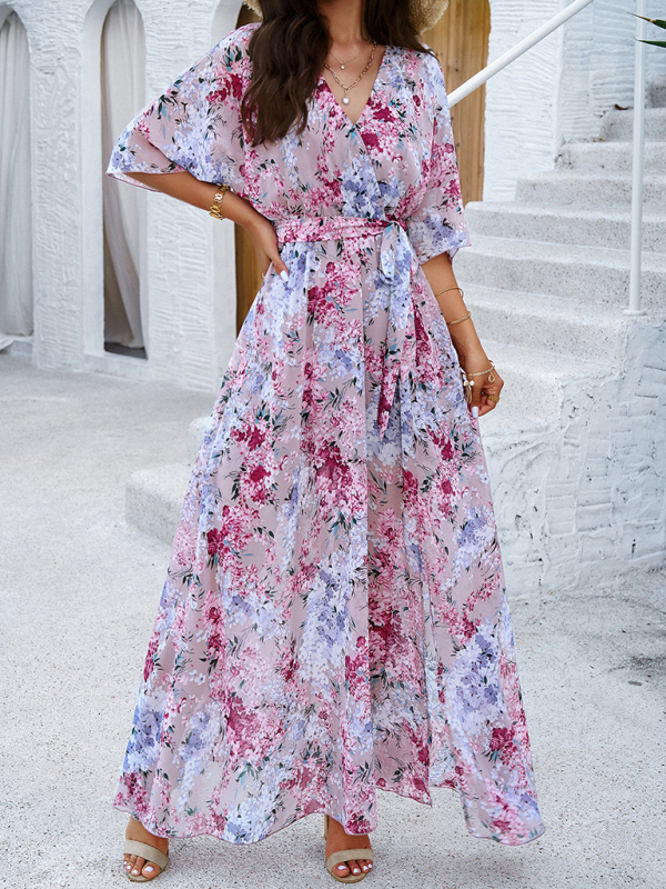 Holiday pink printed tie maxi dress-chiquechics