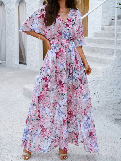 Holiday pink printed tie maxi dress-chiquechics