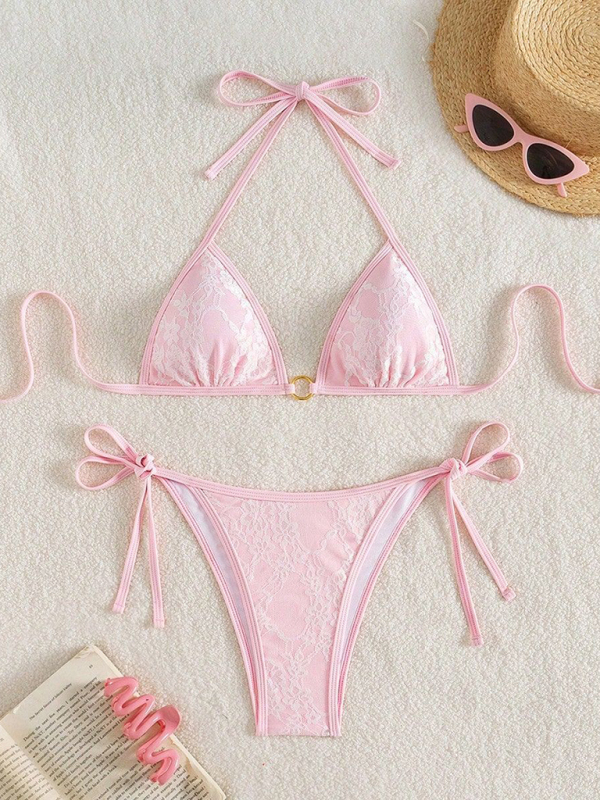 Backless white lace and pink bikini swimwear