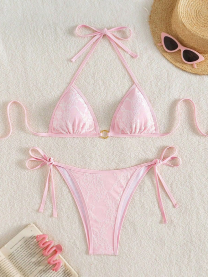 Backless white lace and pink bikini swimwear-chiquechics