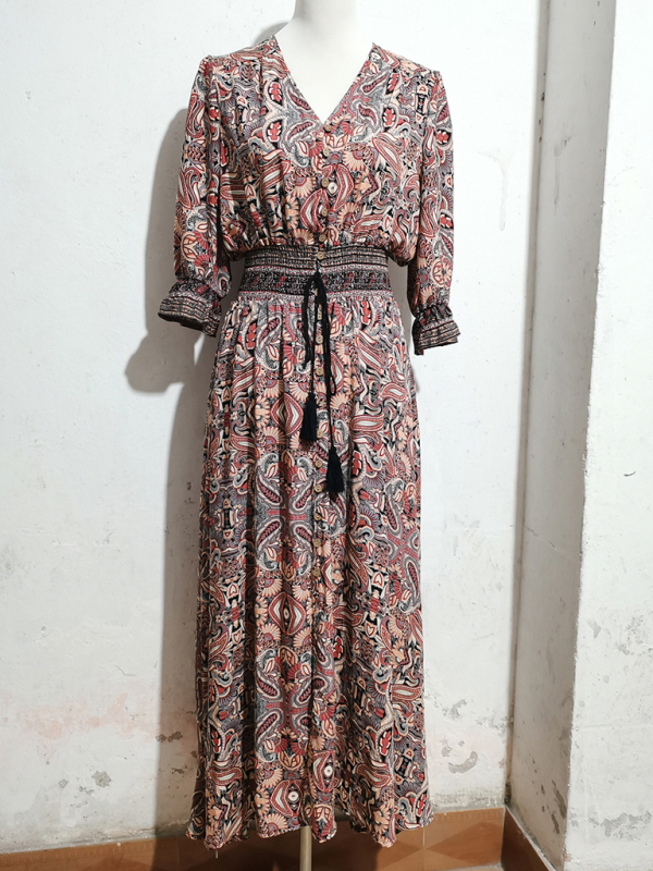 Three-quarter sleeve waisted Bohemian casual holiday beach dress-chiquechics