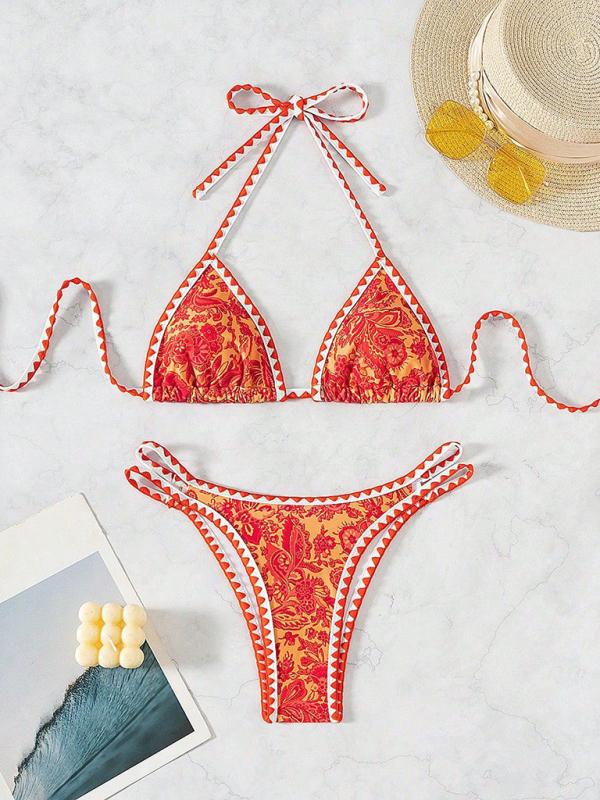 Orange Printed Halter Neck Sexy Bikini-chiquechics