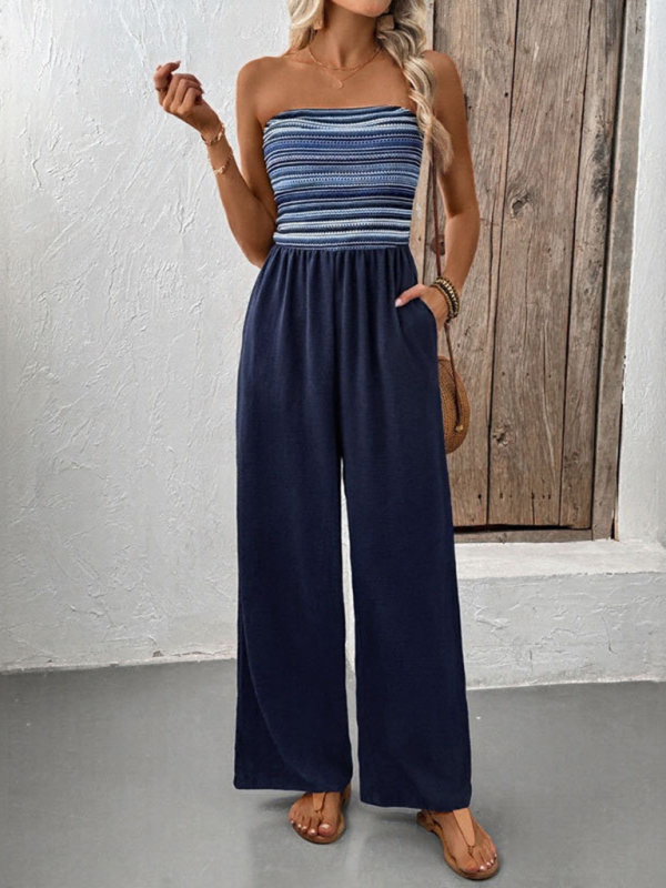 Casual simple jumpsuit elastic stitching striped jumpsuit-chiquechics