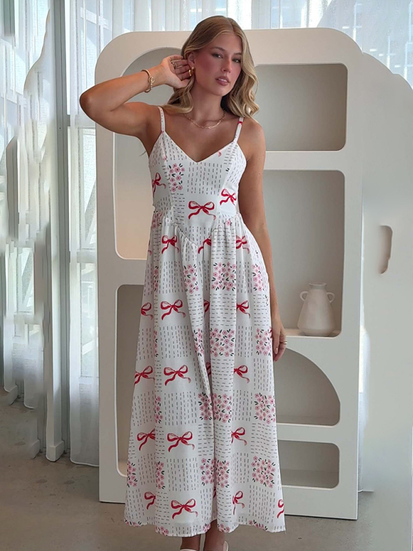 New V-neck waist holiday backless bow print dress-chiquechics