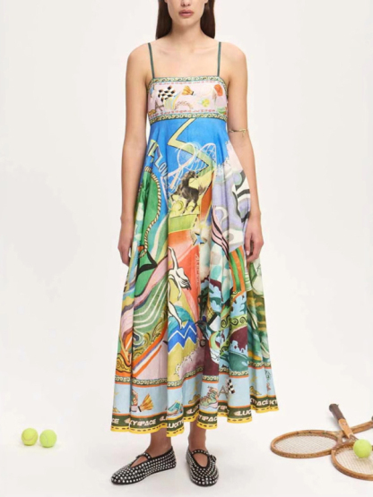 Printed suspender sunflower skirt holiday style dress-chiquechics