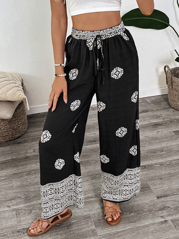 Ethnic style printed elastic waist drawstring casual comfortable straight pants-chiquechics