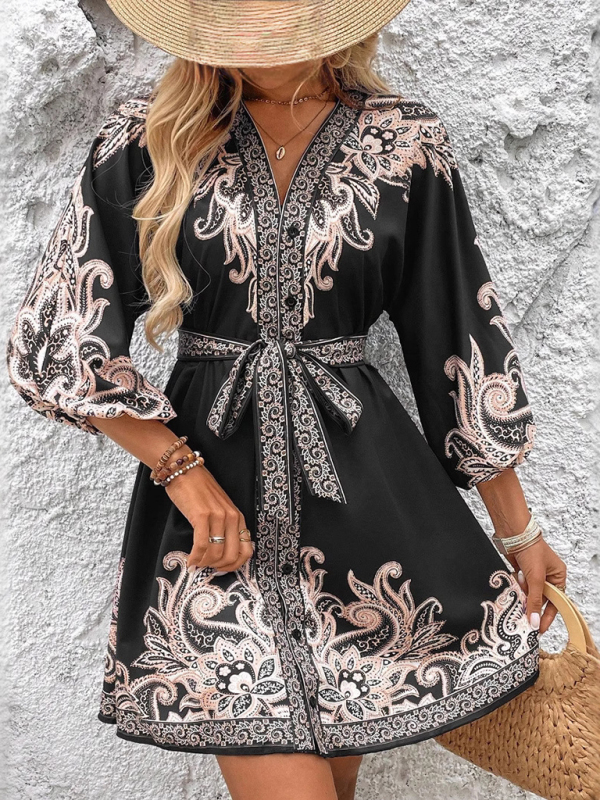 New Printed V-Neck Three-Quarter Sleeve Tie-Waist Dress-chiquechics