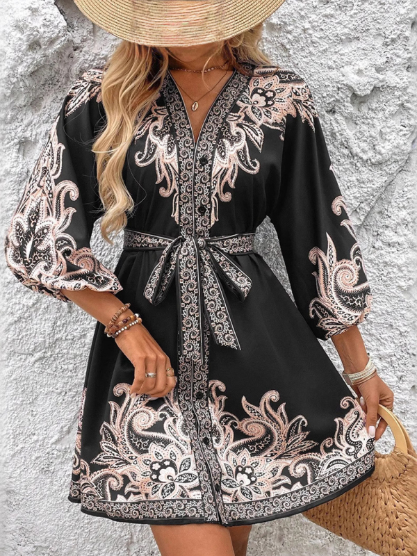 New Printed V-Neck Three-Quarter Sleeve Tie-Waist Dress-chiquechics