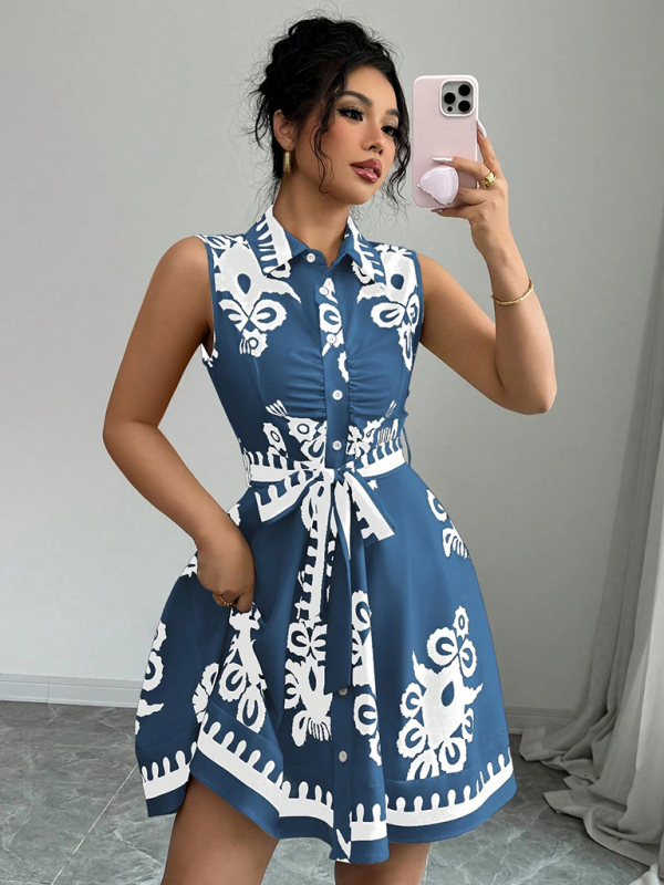 Women's Fashion Printed Waist Tie Sleeveless Dress-chiquechics