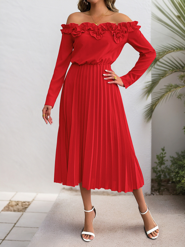 Party elegant sweet style one shoulder long sleeve solid color women's dress-chiquechics