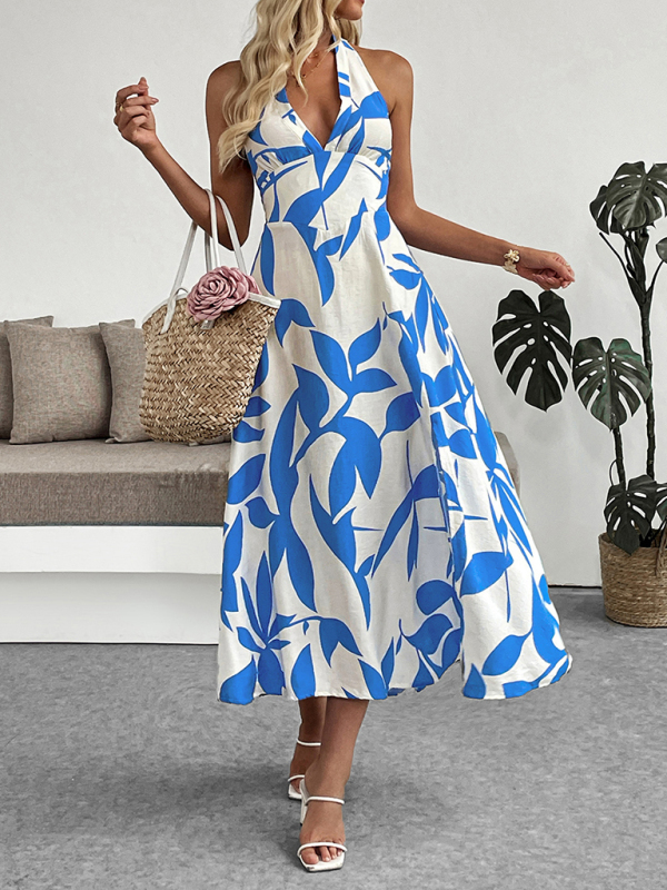 Floral print skirt seaside holiday style halter neck backless dress-chiquechics