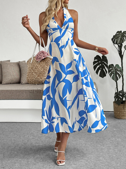 Floral print skirt seaside holiday style halter neck backless dress-chiquechics