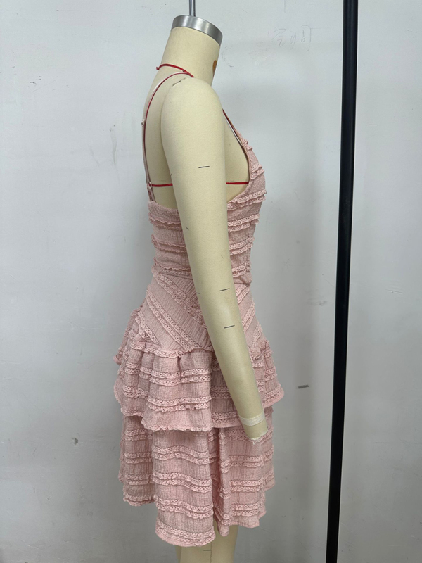 Solid color ruffle sexy suspender lace dress-chiquechics