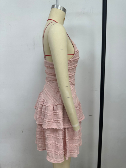 Solid color ruffle sexy suspender lace dress-chiquechics
