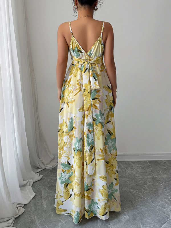 Fashionable and elegant suspender printed long dress-chiquechics