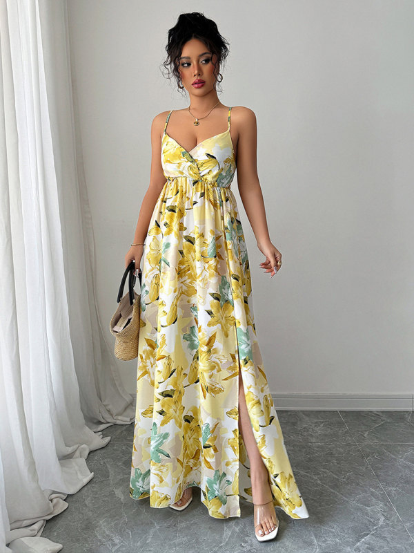 Fashionable and elegant suspender printed long dress-chiquechics