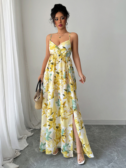 Fashionable and elegant suspender printed long dress-chiquechics