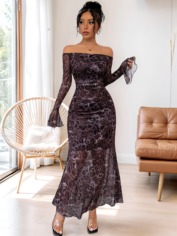 New Party Elegant Retro Style Off-shoulder Long Sleeve Mesh Leopard Print Dress-chiquechics