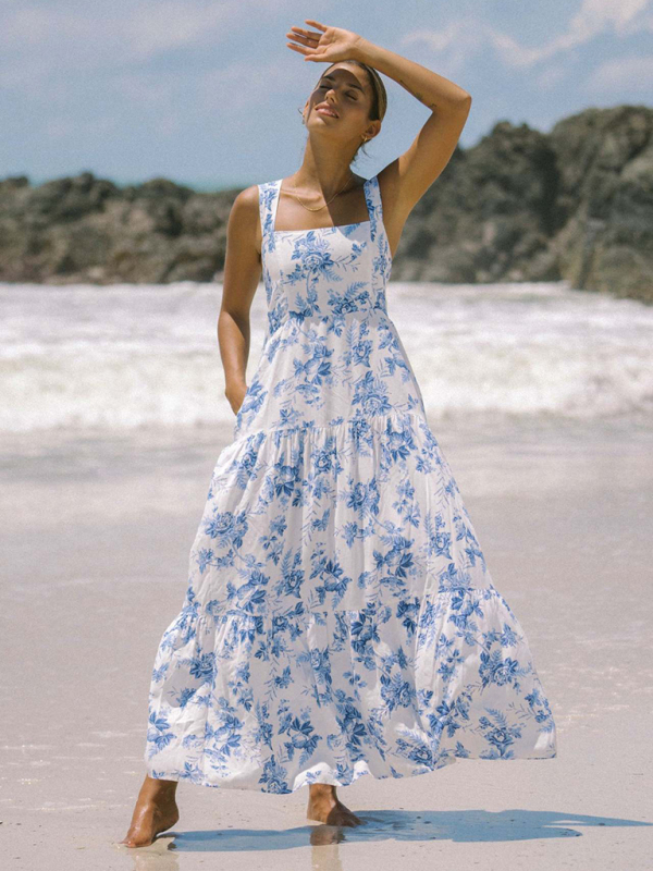 White and blue floral print bohemian holiday beach dress loose suspender dress-chiquechics