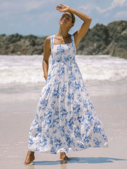 White and blue floral print bohemian holiday beach dress loose suspender dress-chiquechics