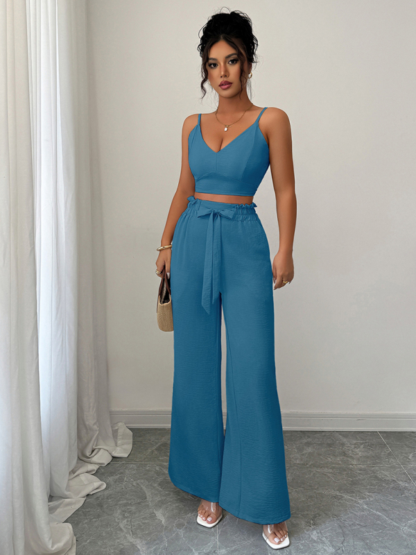Peacock Blue Suspender Vest Wide Leg Pants Two-Piece Set-chiquechics