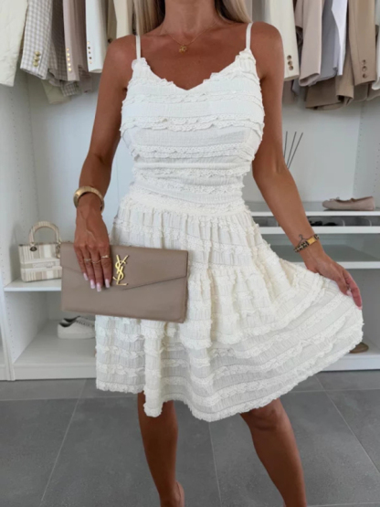 Solid color ruffle sexy suspender lace dress-chiquechics