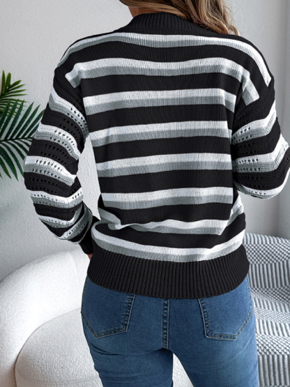 Casual hollow color block striped lantern long sleeve pullover sweater-chiquechics