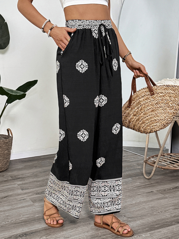 Ethnic style printed elastic waist drawstring casual comfortable straight pants-chiquechics