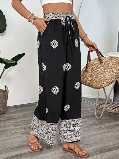 Ethnic style printed elastic waist drawstring casual comfortable straight pants-chiquechics