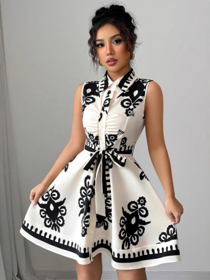 Women's Fashion Printed Waist Tie Sleeveless Dress-chiquechics