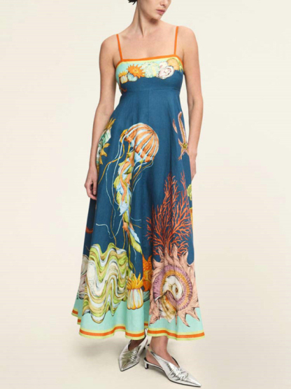 New holiday swing graffiti cotton and linen sleeveless suspender dress-chiquechics