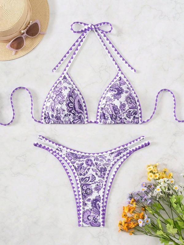 Purple Printed Halter Neck Sexy Bikini-chiquechics