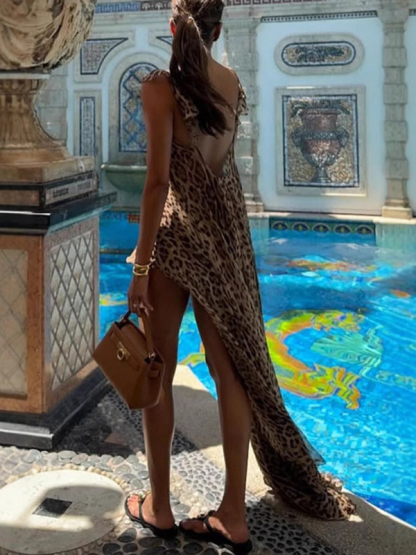New chiffon printed suspender long skirt holiday loose leopard print two-piece set-chiquechics