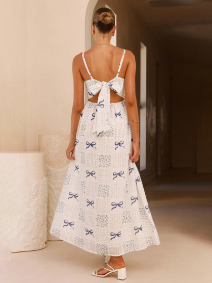 New V-neck waist holiday backless bow print dress-chiquechics