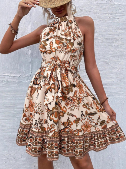 Fashion floral waist halter neck dress-chiquechics